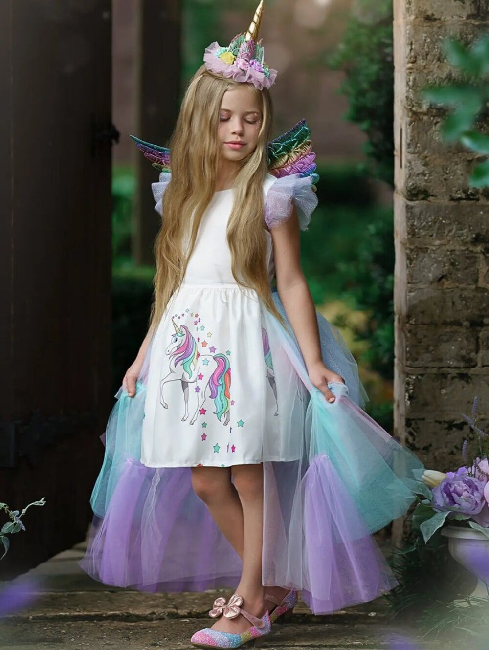 Mia Bella Girls Unicorn Tulle Costume Dress in White and Pastel